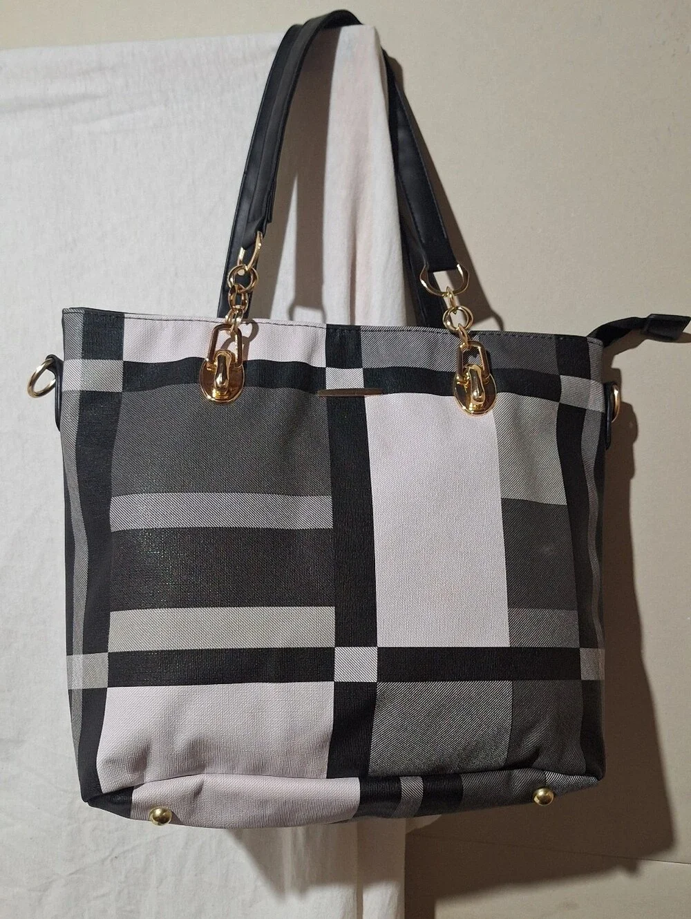Stylish Black & Gray Plaid Tote Bag with Gold Hardware